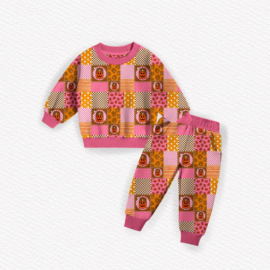 Pink Patchwork Pumpkin Party Bamboo French Terry Crewneck & Jogger Set